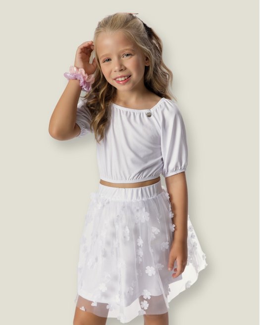 Conjunto Blusa e Saia Rodada de Tule Menina Tamanho a 14